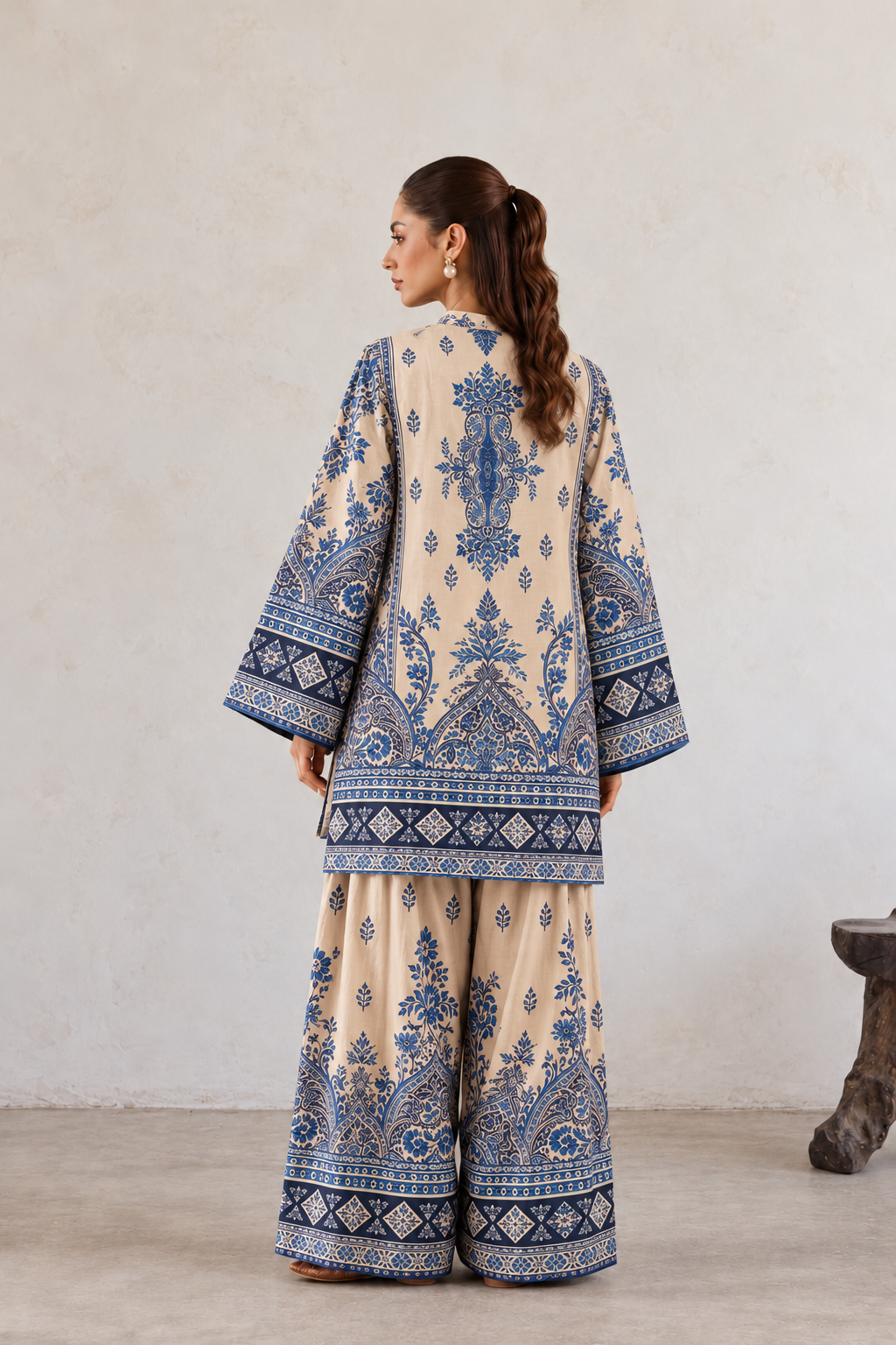 Indigo Blue Medallion Arch Print V-Neck Kurta With Matching Farshi Palazzo Co-Ord Set
