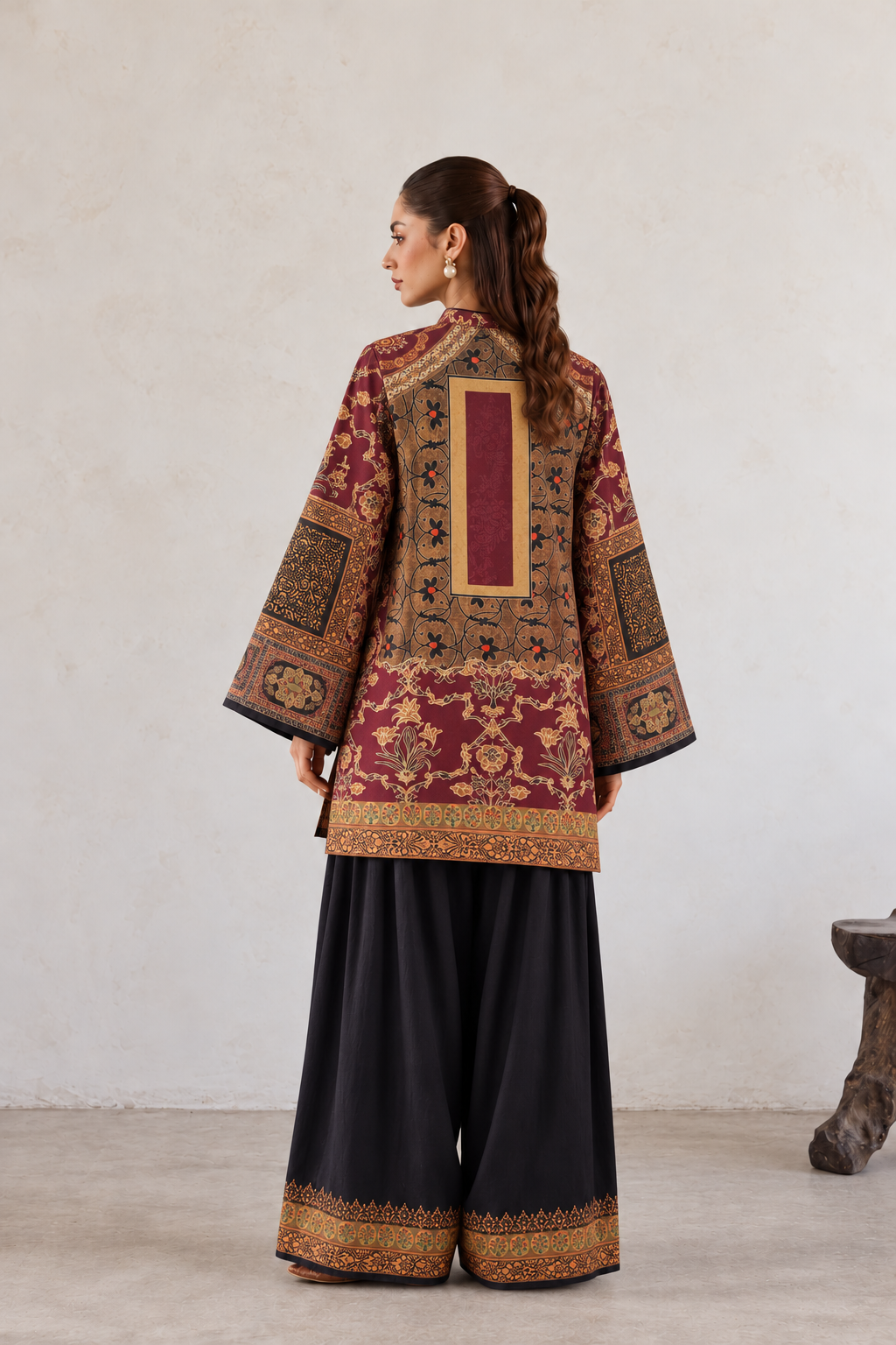 Maroon V-Neck Persian Arabesque Print Farshi Salwar Suit Co-ord Set For Women