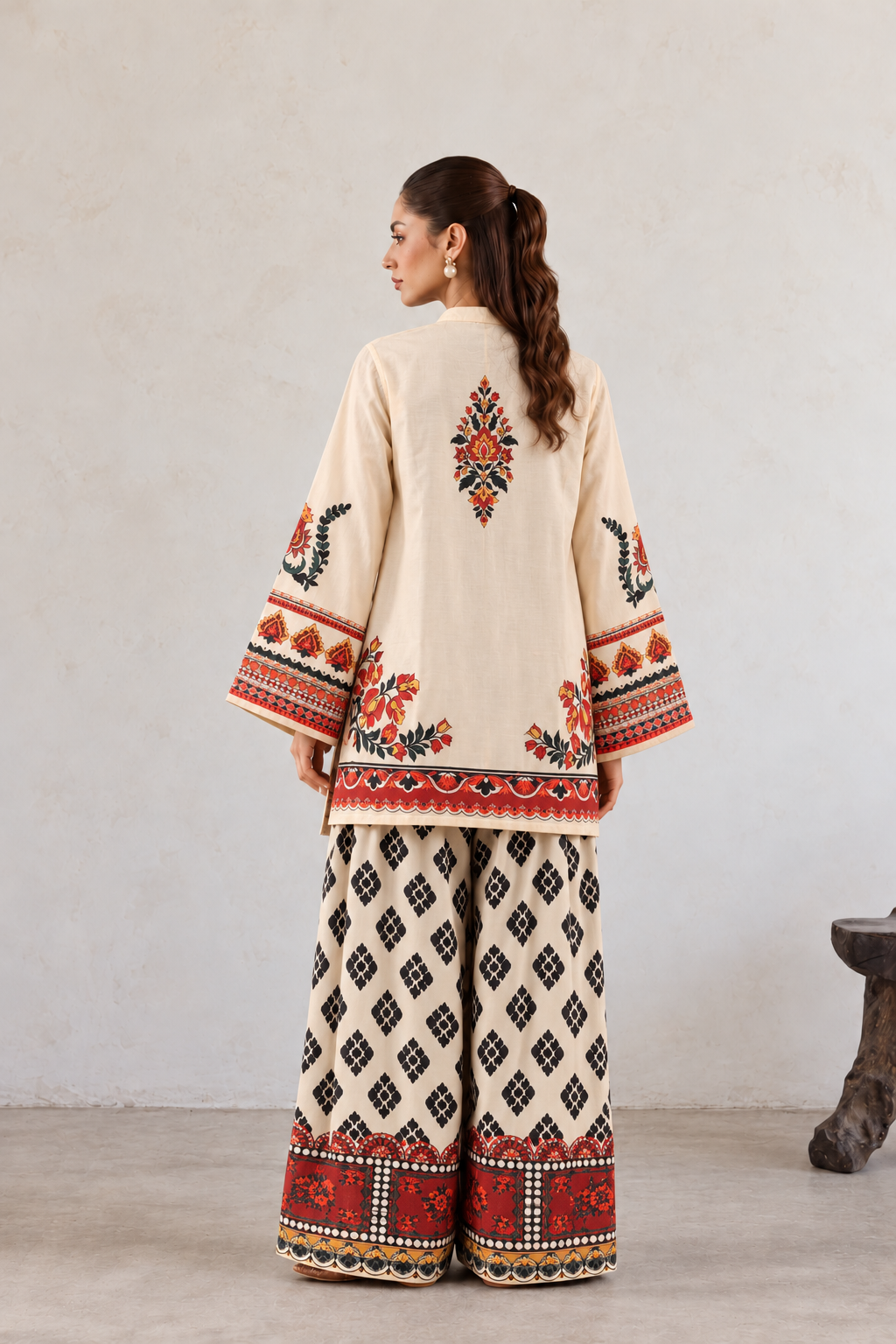 Cream & Rust Folk Floral Yoke Suit With Diamond Trellis Farshi Salwar Co-Ord Set For Women