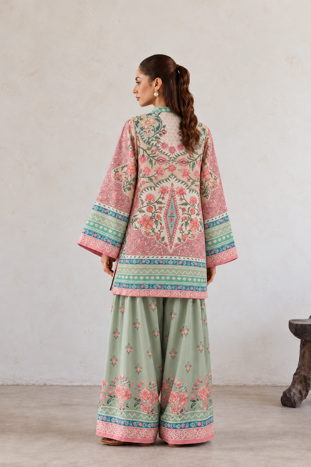 Sea Green Floral & Paisley Print V-Neck Farshi Salwar Suit Co-Ord Set For Women