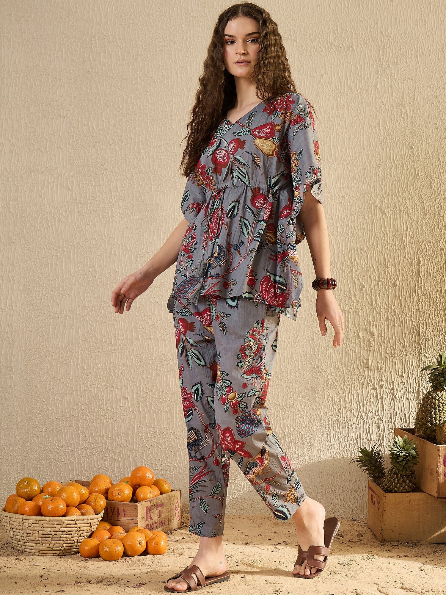 Women Floral Printed Beige Night Suit Set - SanskrutiHomes 