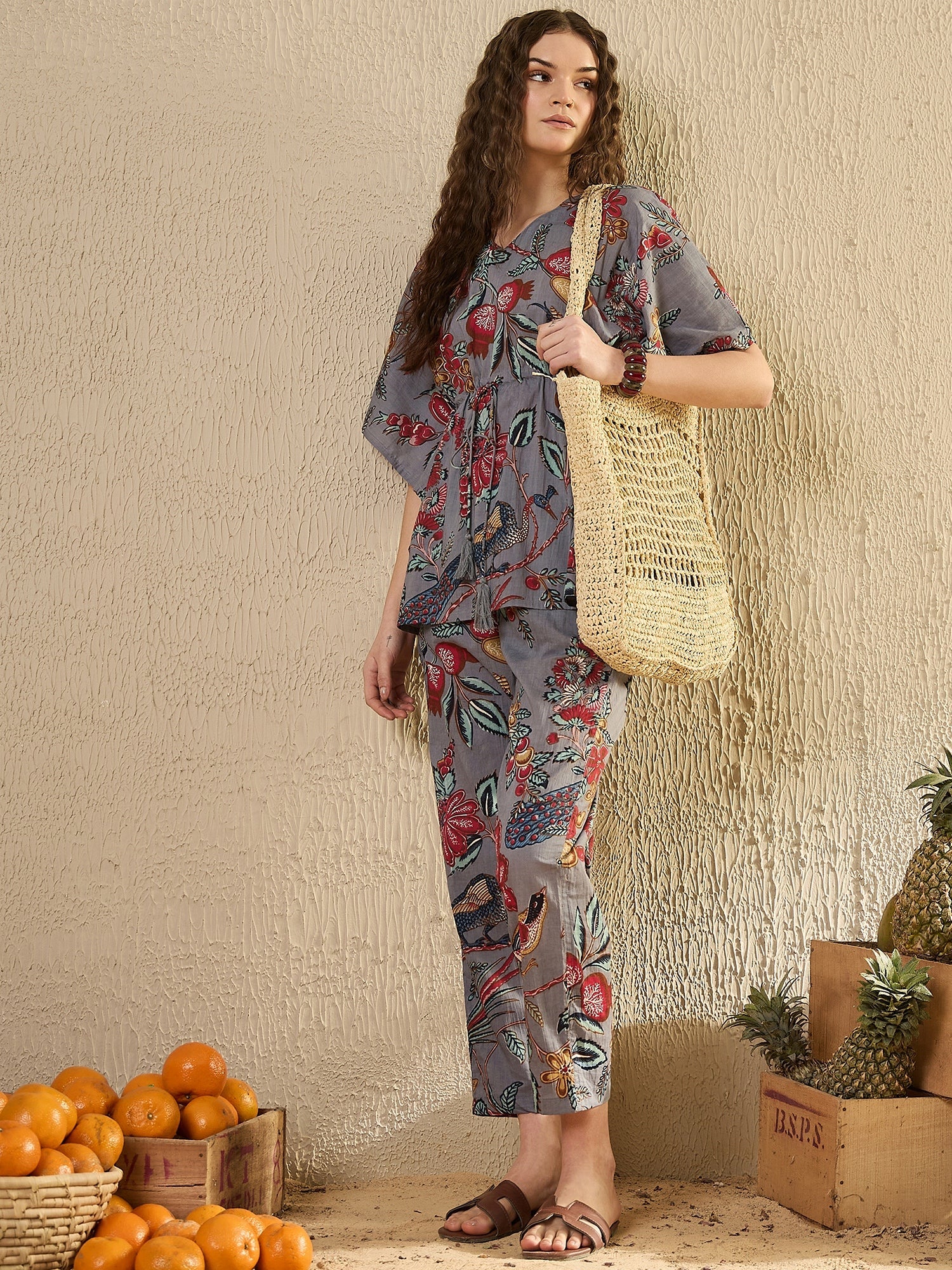 Women Floral Printed Beige Night Suit Set - SanskrutiHomes 