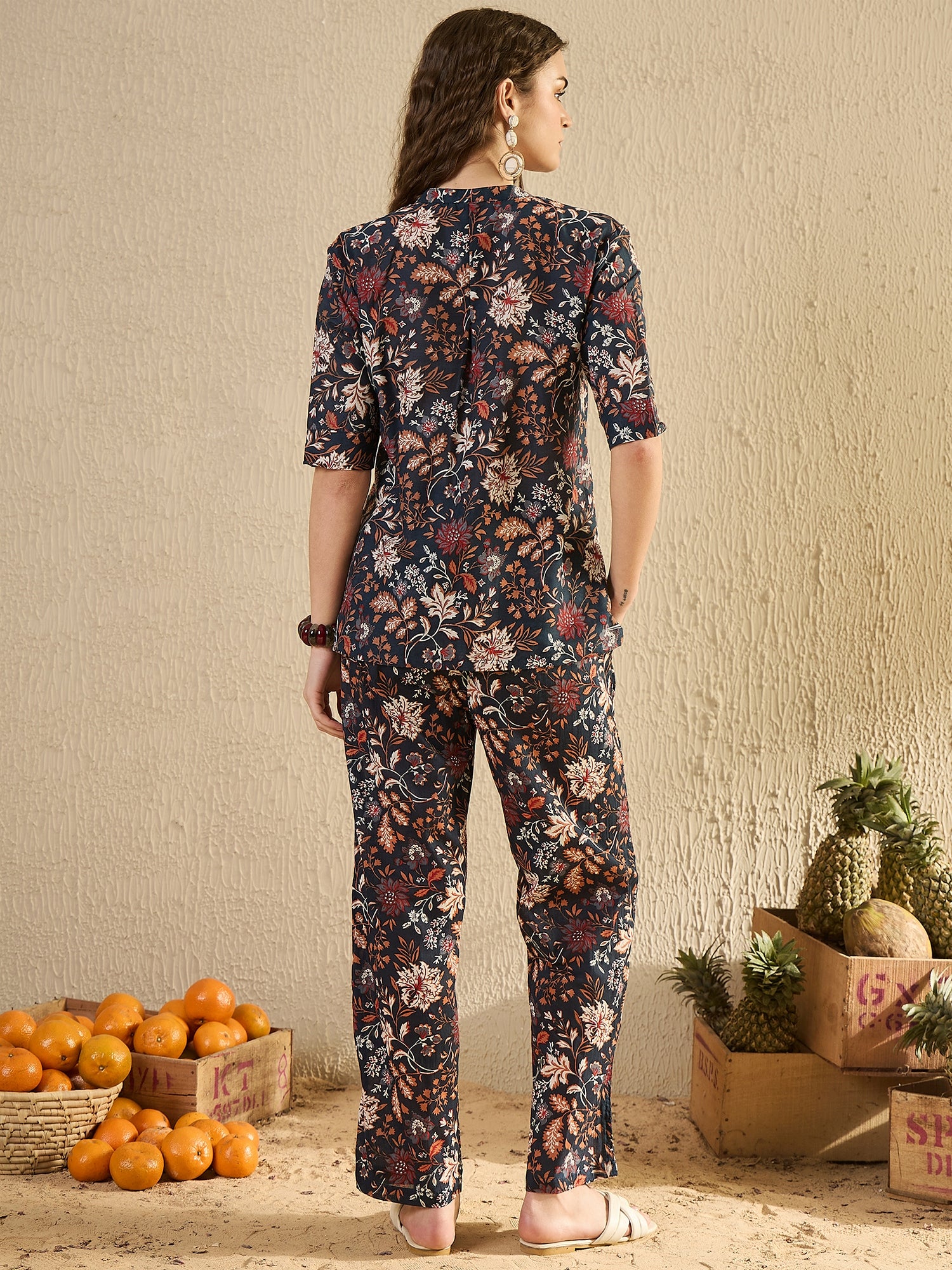 Women Floral Printed Blue Night Suit Set