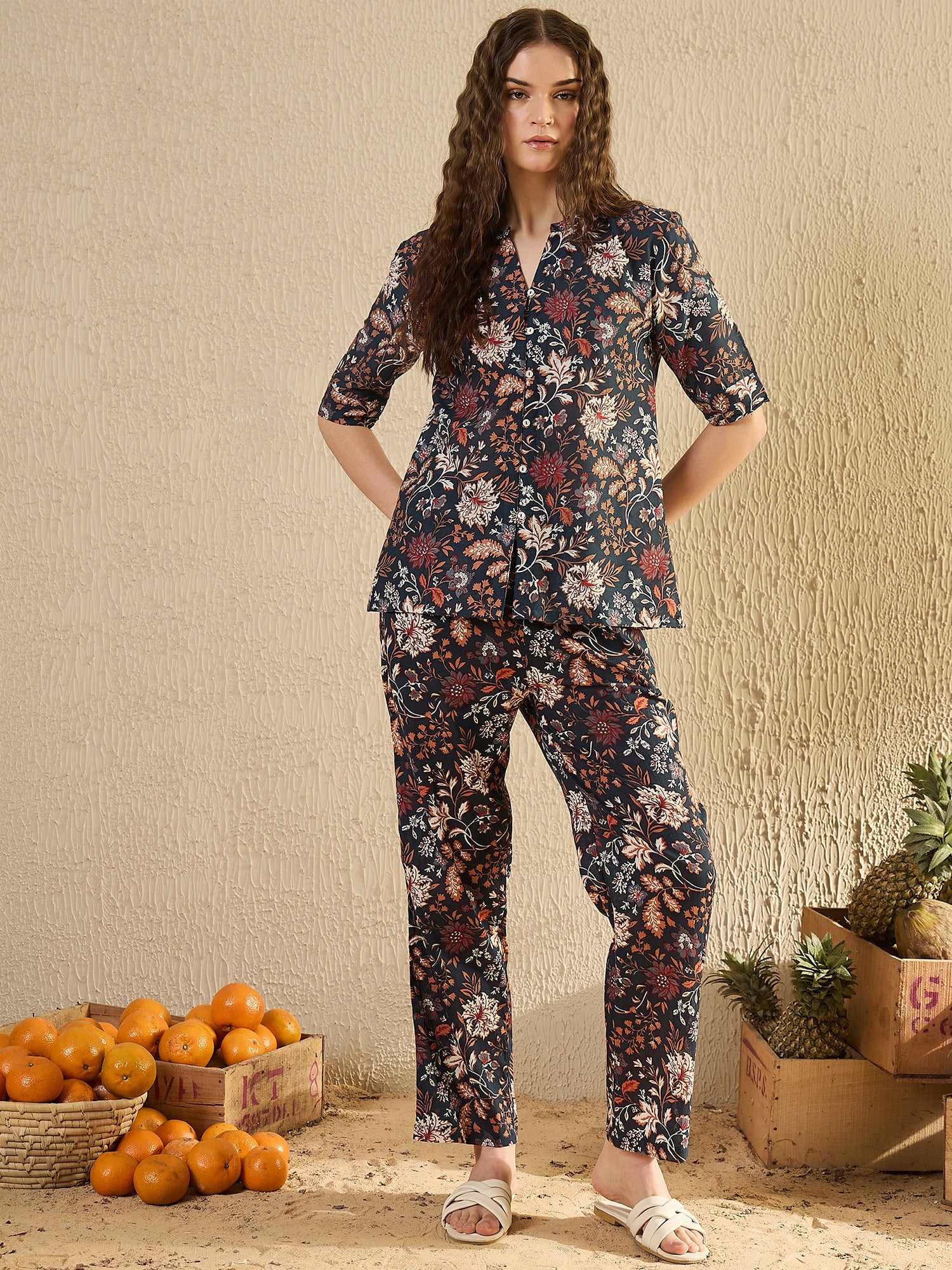 Women Floral Printed Blue Night Suit Set