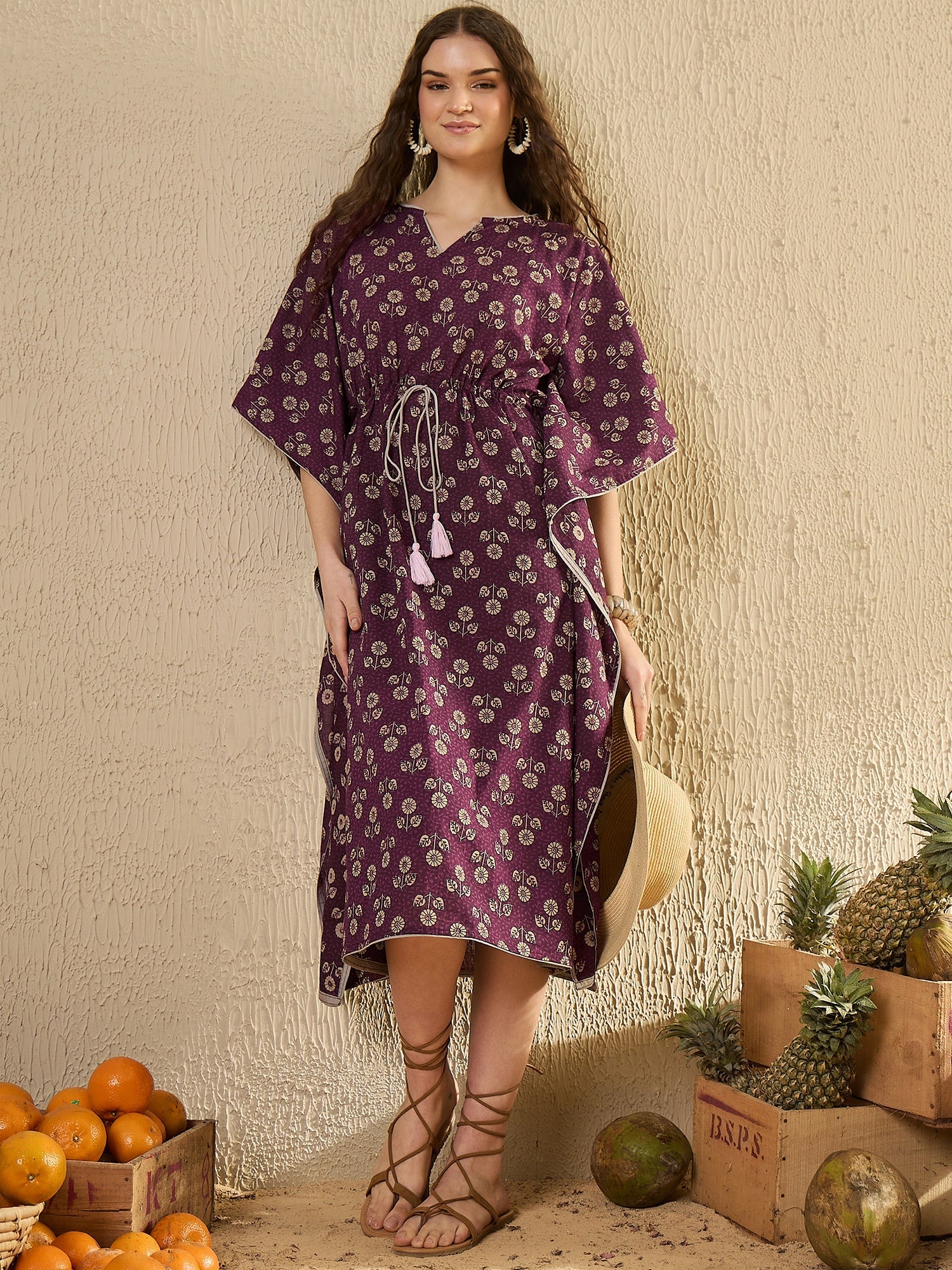 Purple Floral Printed V-Neck Kaftan Night Dress - SanskrutiHomes 