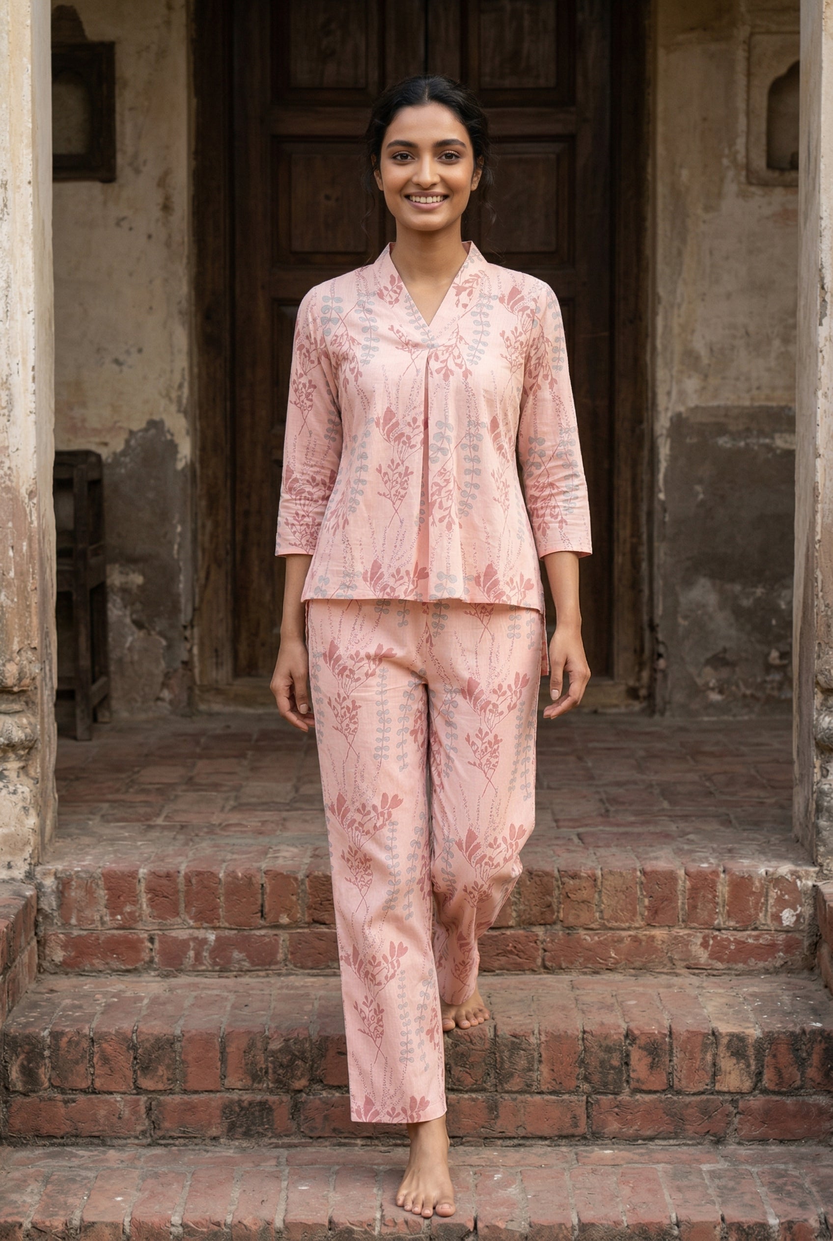 Peach V-Neck Tropical Print Pure Cotton Co-Ord Set For Women