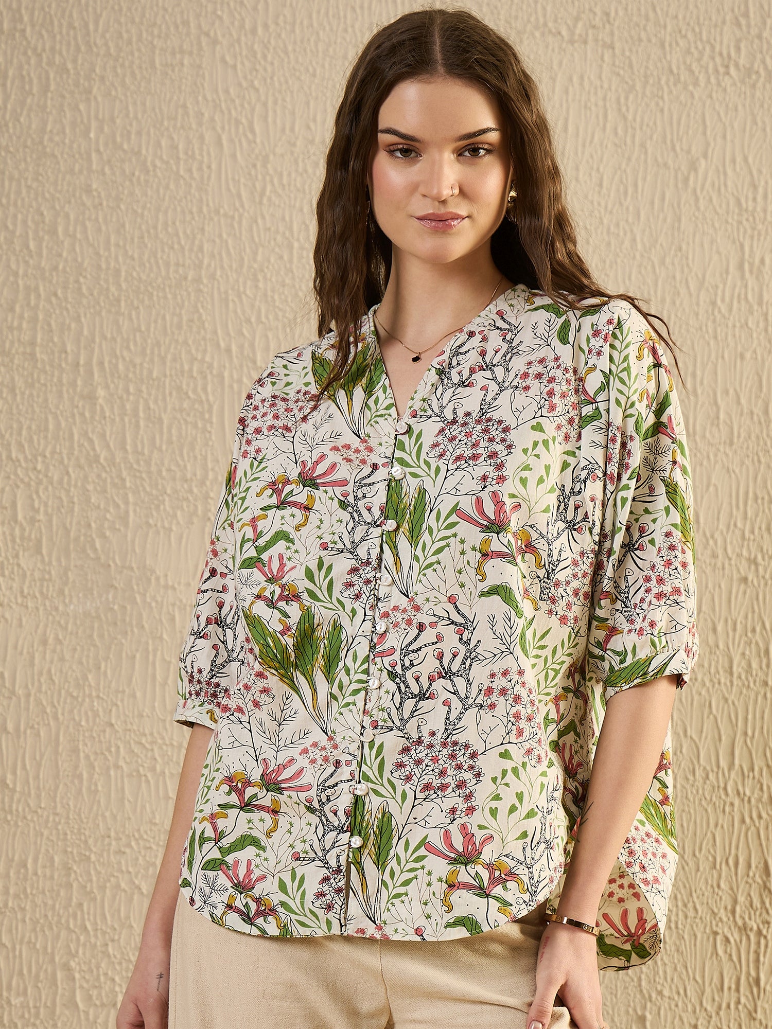 White Color Floral Printed V-Neck Dress for Women