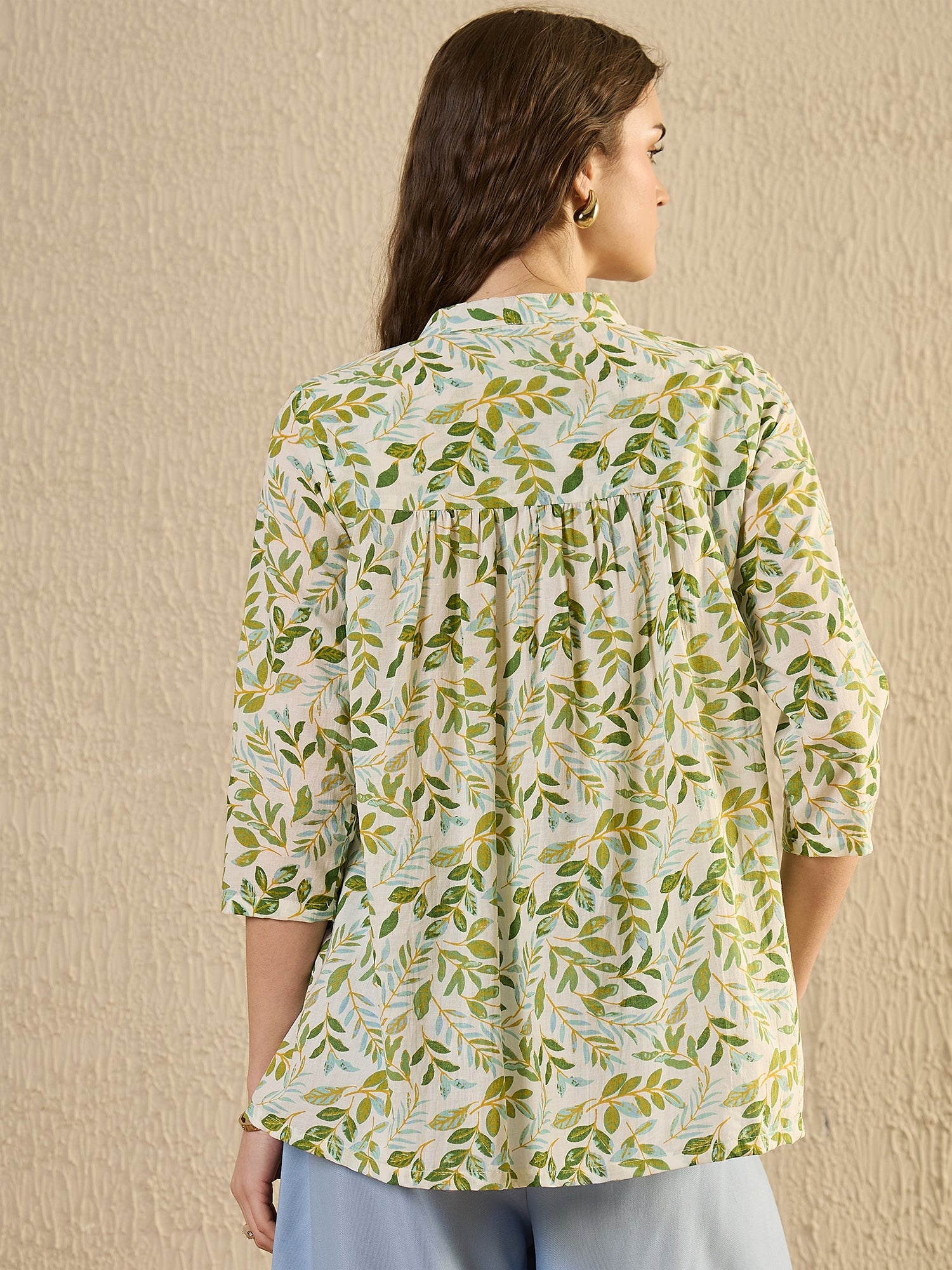 White Color Leaf Printed Cotton Shirt for Women