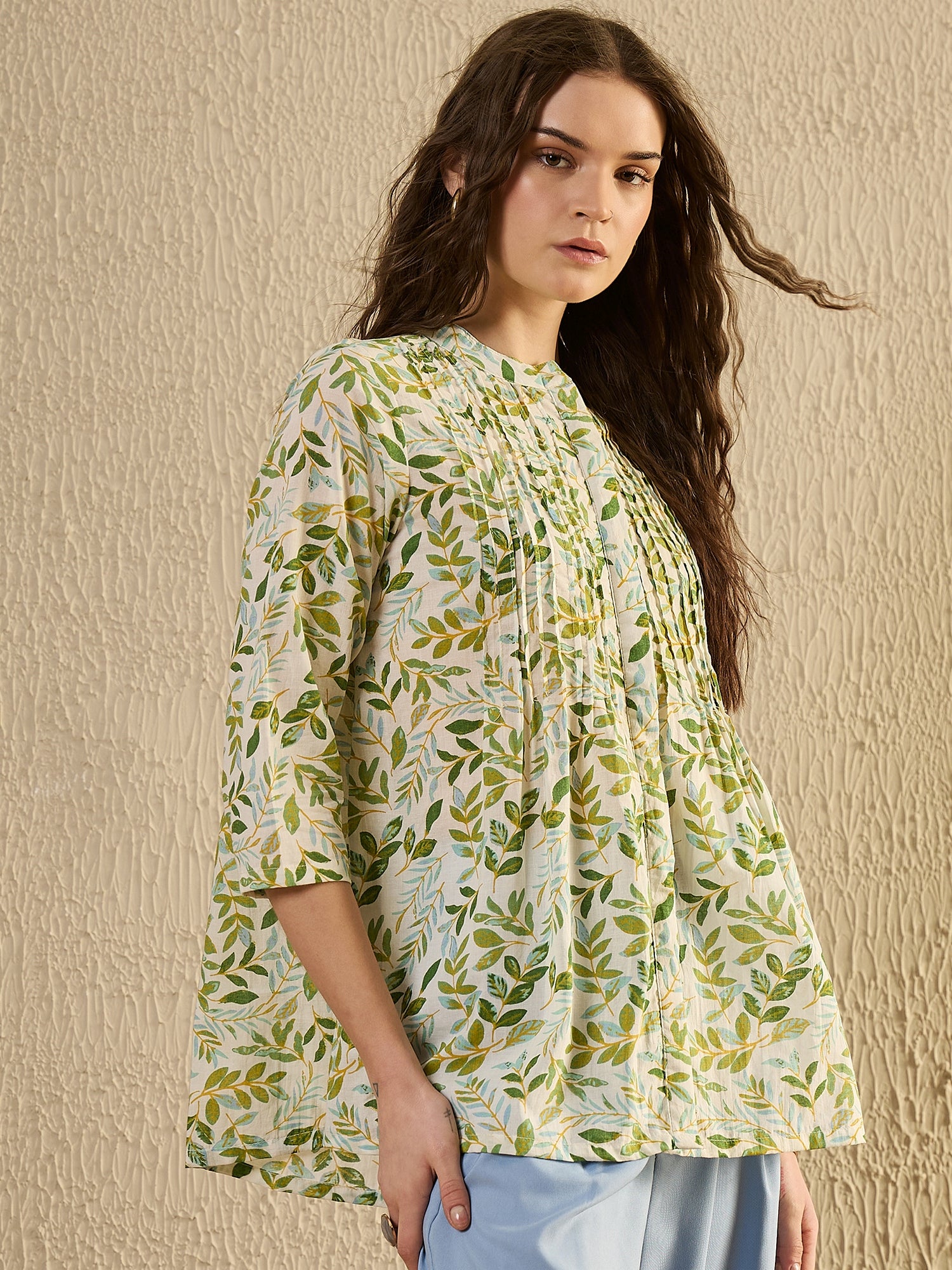 White Color Leaf Printed Cotton Shirt for Women