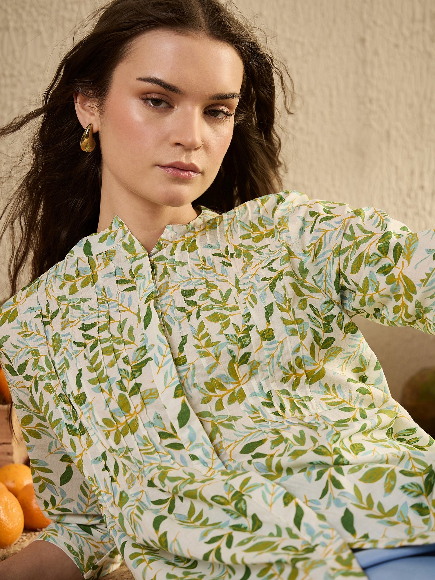 White Color Leaf Printed Cotton Shirt for Women