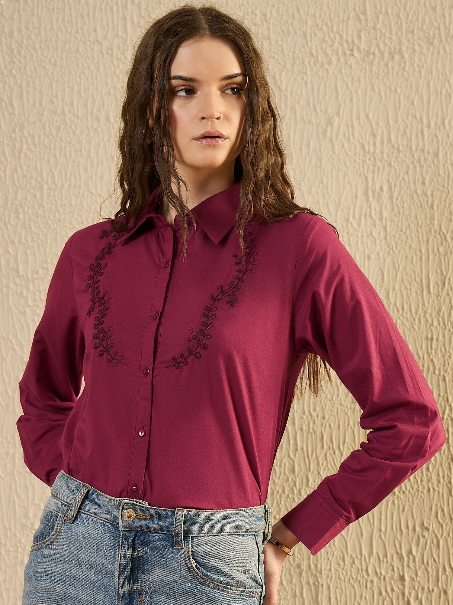 Maroon Color Solid Cotton Women Shirt