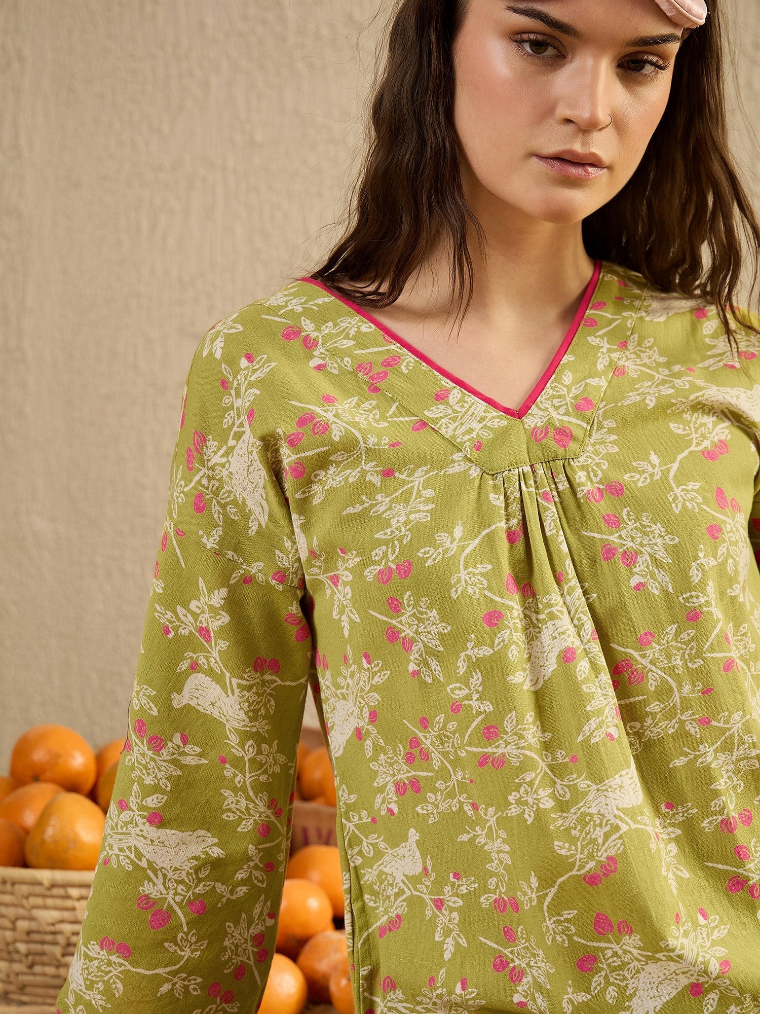 Lime Green Floral Printed V-Neck Night Dress - SanskrutiHomes 