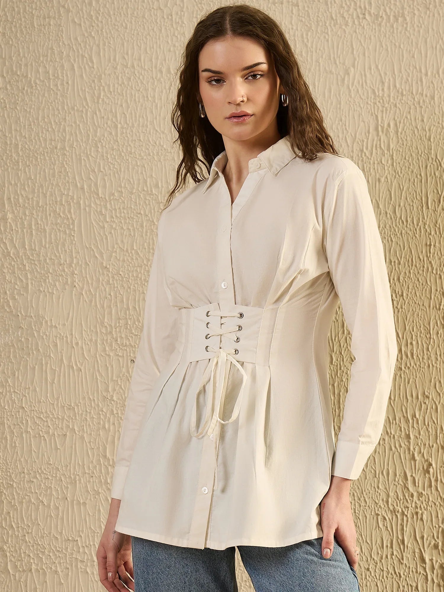 White Solid Print Cotton Shirt For Women