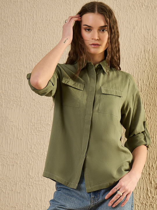 Green Solid Print Cotton Women Shirt