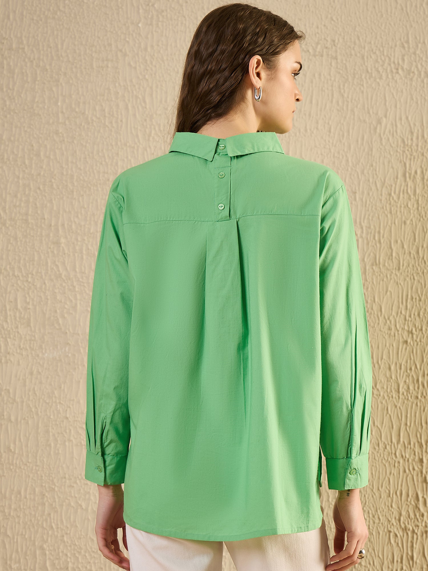 Green Color Solid Cotton Women Shirt