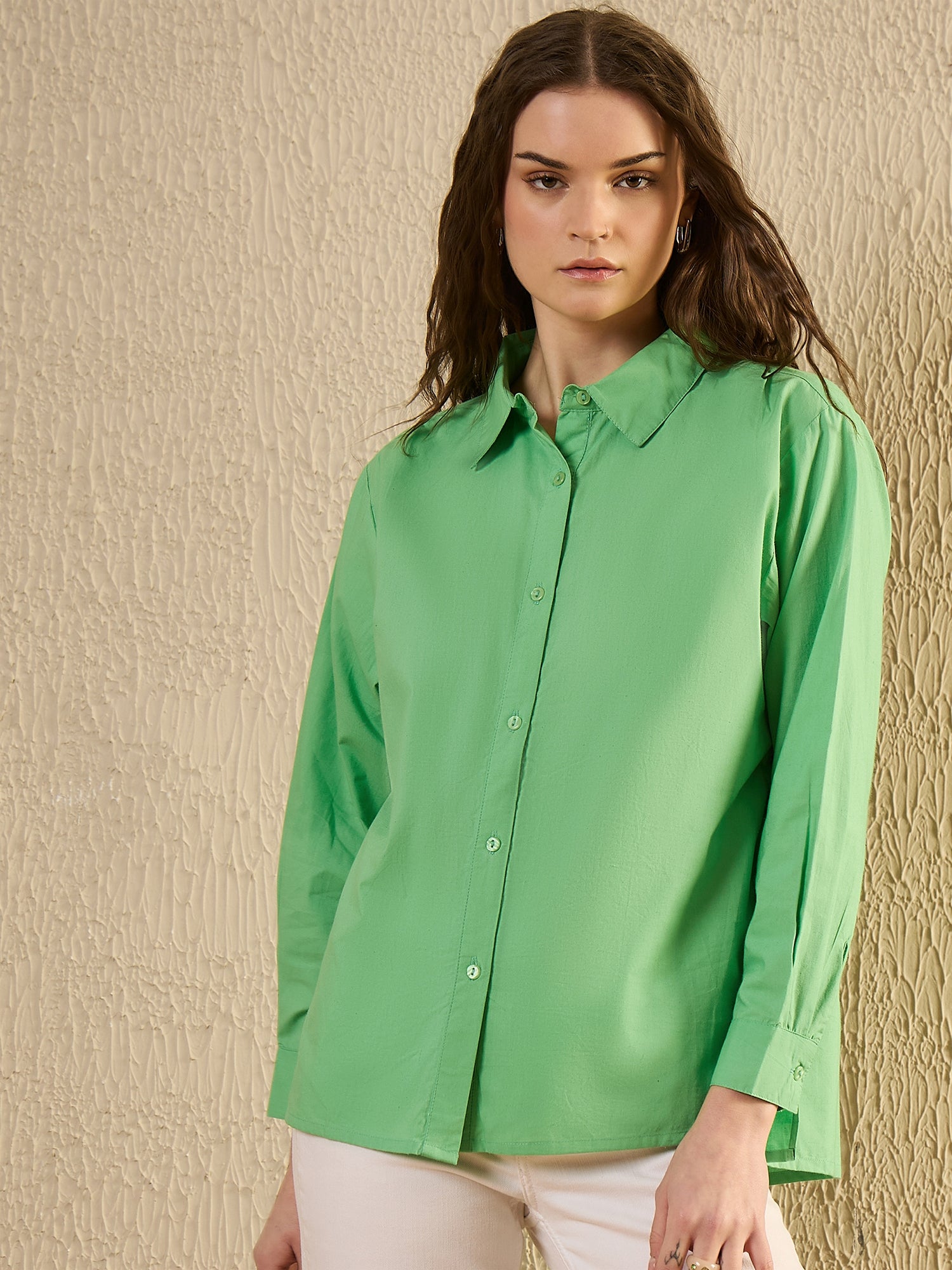 Green Color Solid Cotton Women Shirt