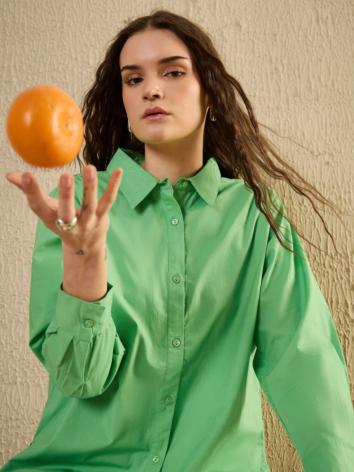 Green Color Solid Cotton Women Shirt