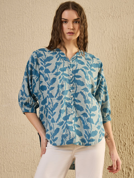 Teal Color Floral Cotton Women Shirt