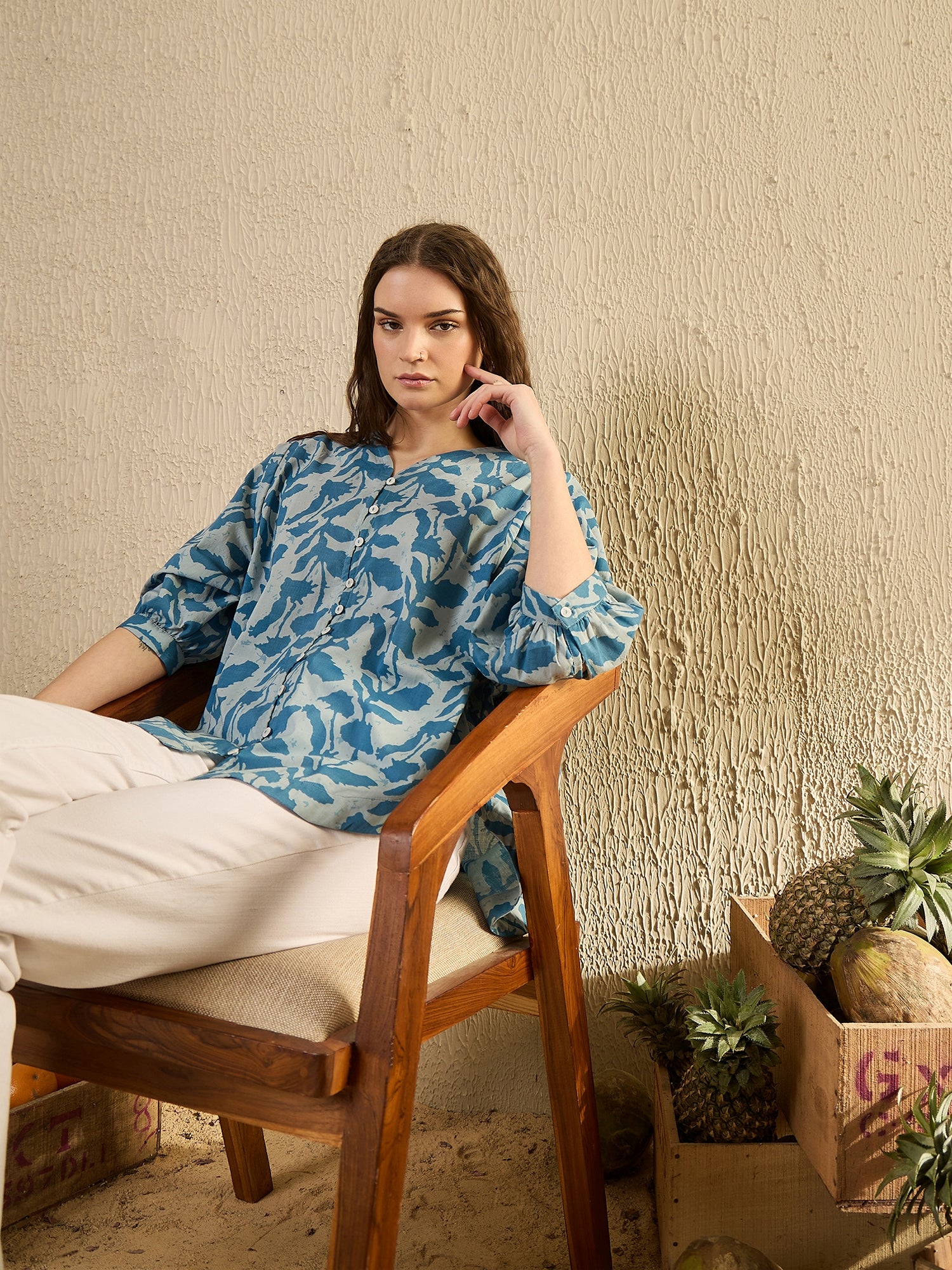 Teal Color Floral Cotton Women Shirt