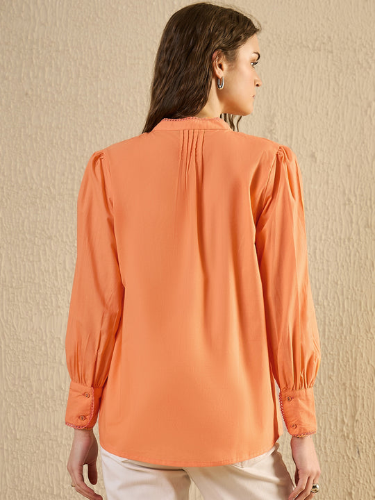 Orange Color Solid Cotton Women Shirt
