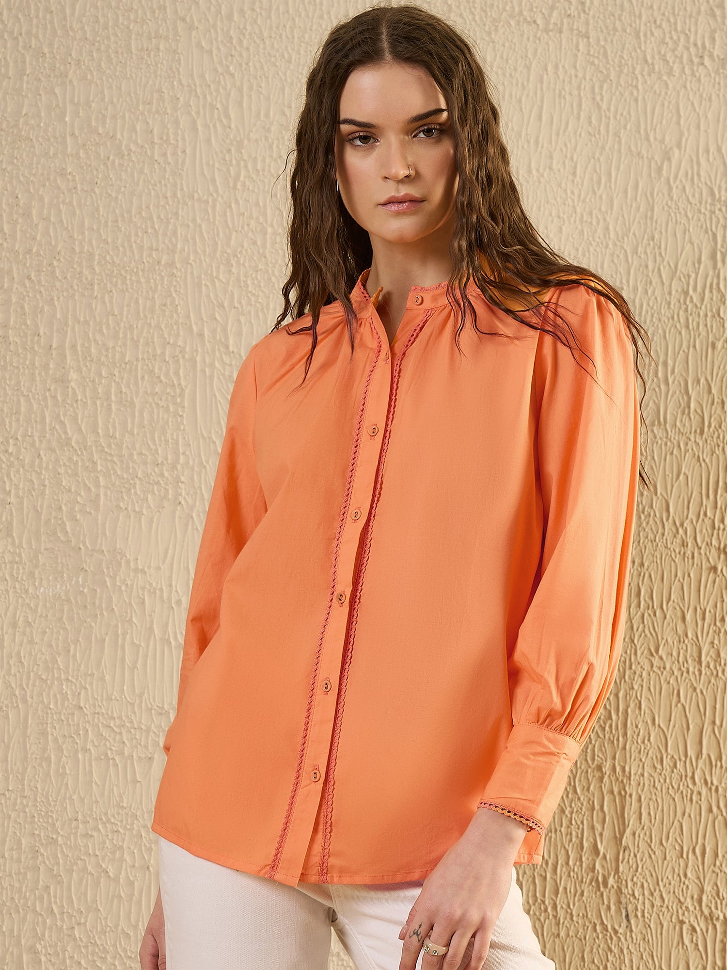 Orange Color Solid Cotton Women Shirt