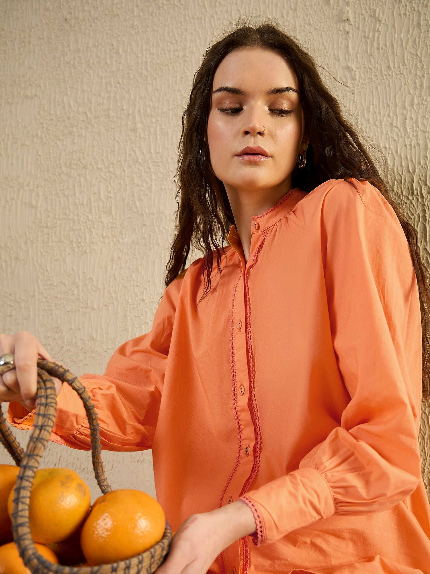 Orange Color Solid Cotton Women Shirt