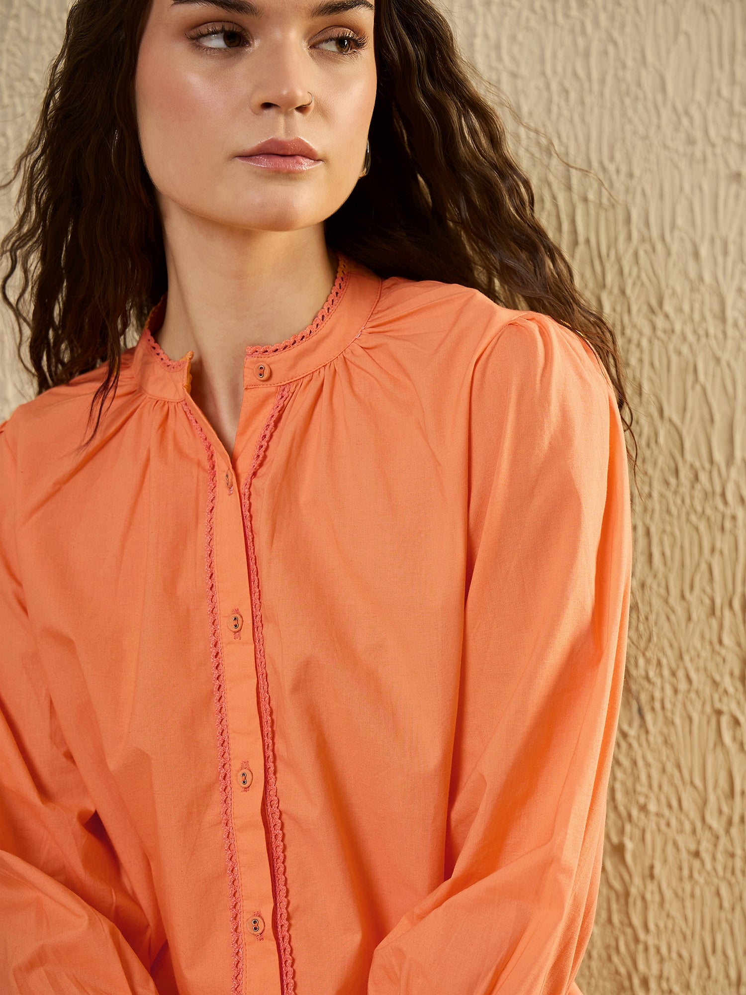 Orange Color Solid Cotton Women Shirt