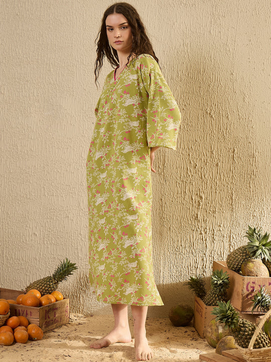 Lime Green Floral Printed V-Neck Night Dress