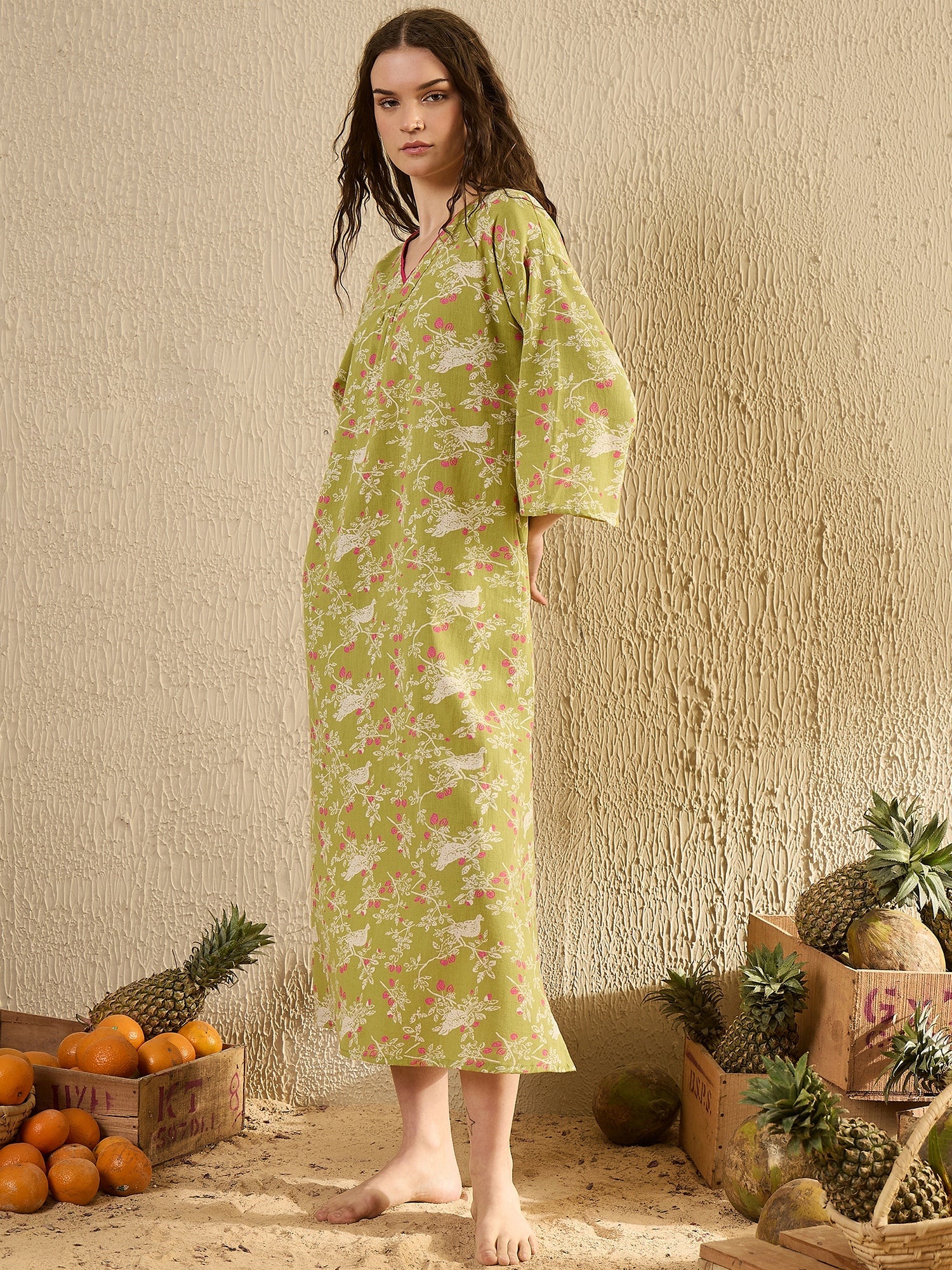 Lime Green Floral Printed V-Neck Night Dress - SanskrutiHomes 