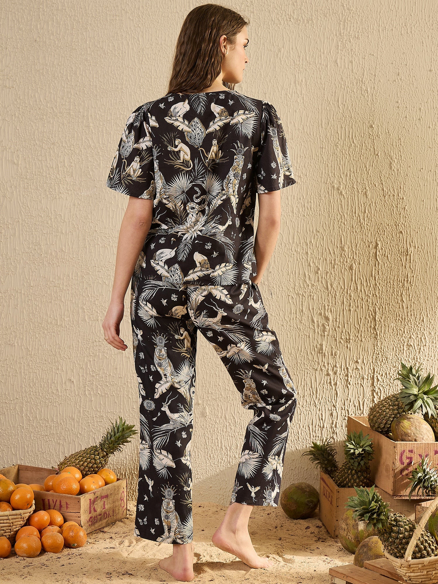 Women Animal Printed Black Night Suit Set