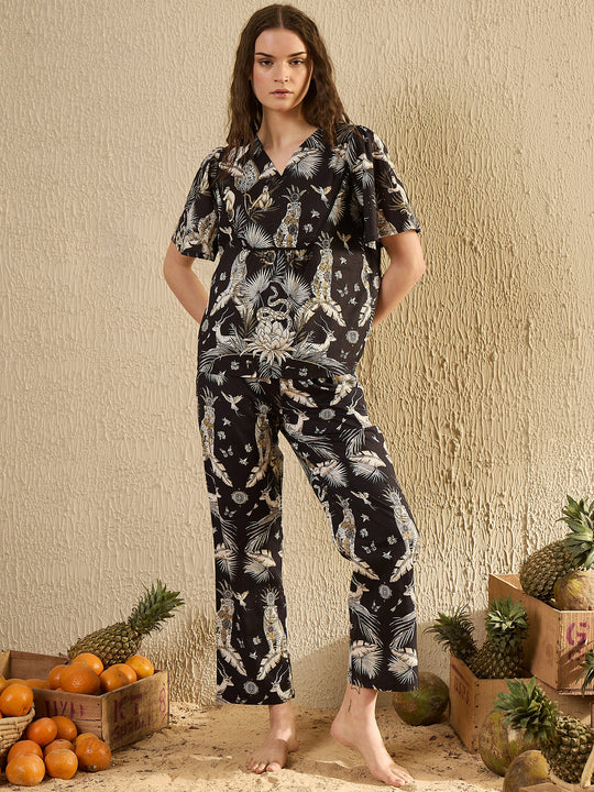 Women Animal Printed Black Night Suit Set