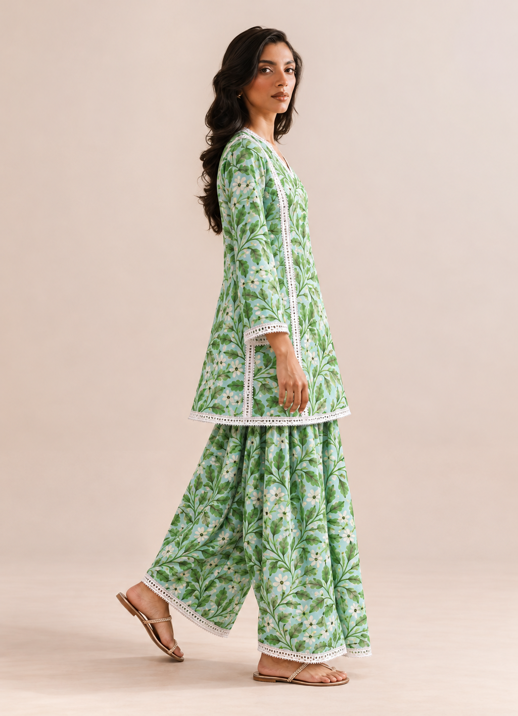 Mint Green Floral & Leaf Print Farshi Style V-Neck Tunic & Palazzo Co-Ord Set For Women