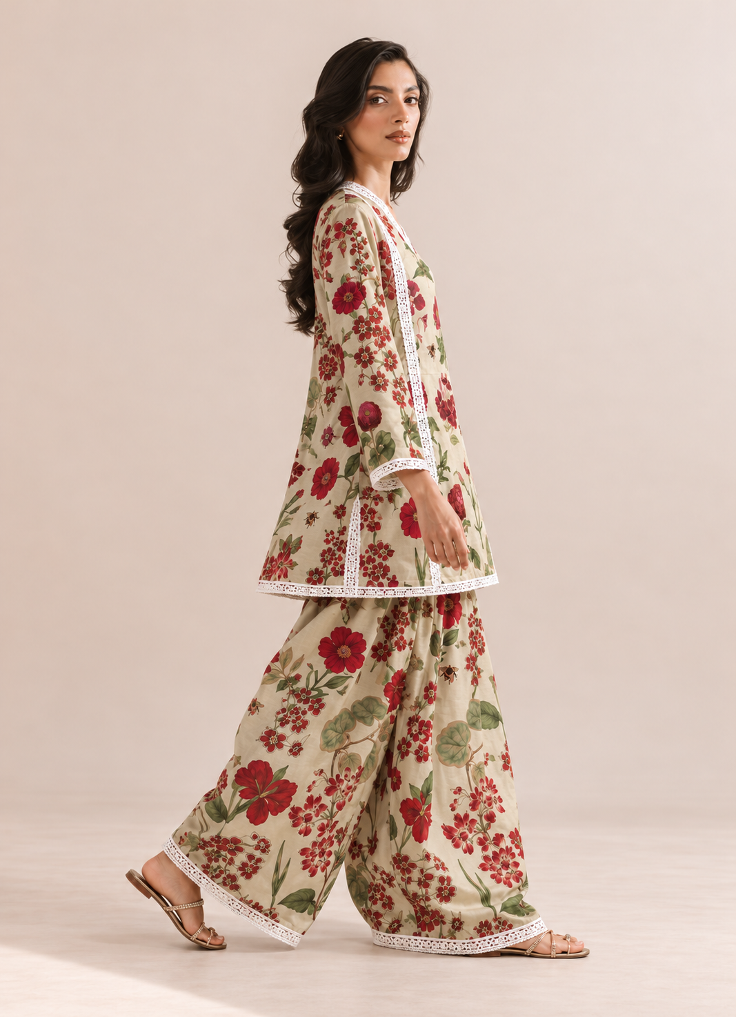 Beige Floral Print  V-Neck Farshi Co-Ord Set For Women