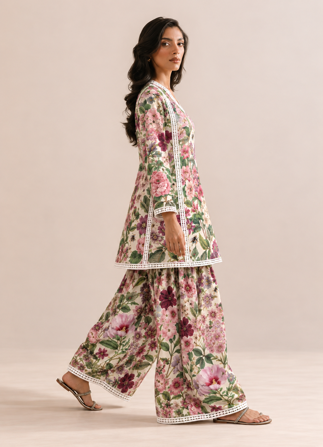 Off-White Multi-Floral Print Farshi Style V-Neck Tunic & Palazzo Co-Ord Set