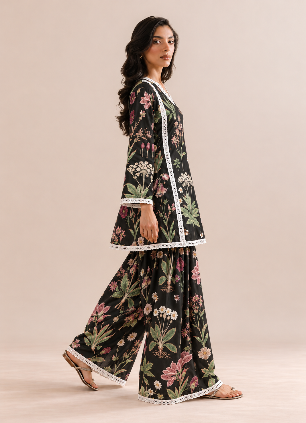 Black Floral Print Farshi Style V-Neck Tunic & Palazzo Co-Ord Set For Women