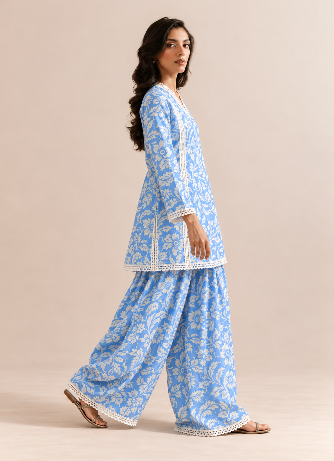 Powder Blue Floral Print  V-Neck Farshi Style Tunic & Palazzo Co-Ord Set For Women
