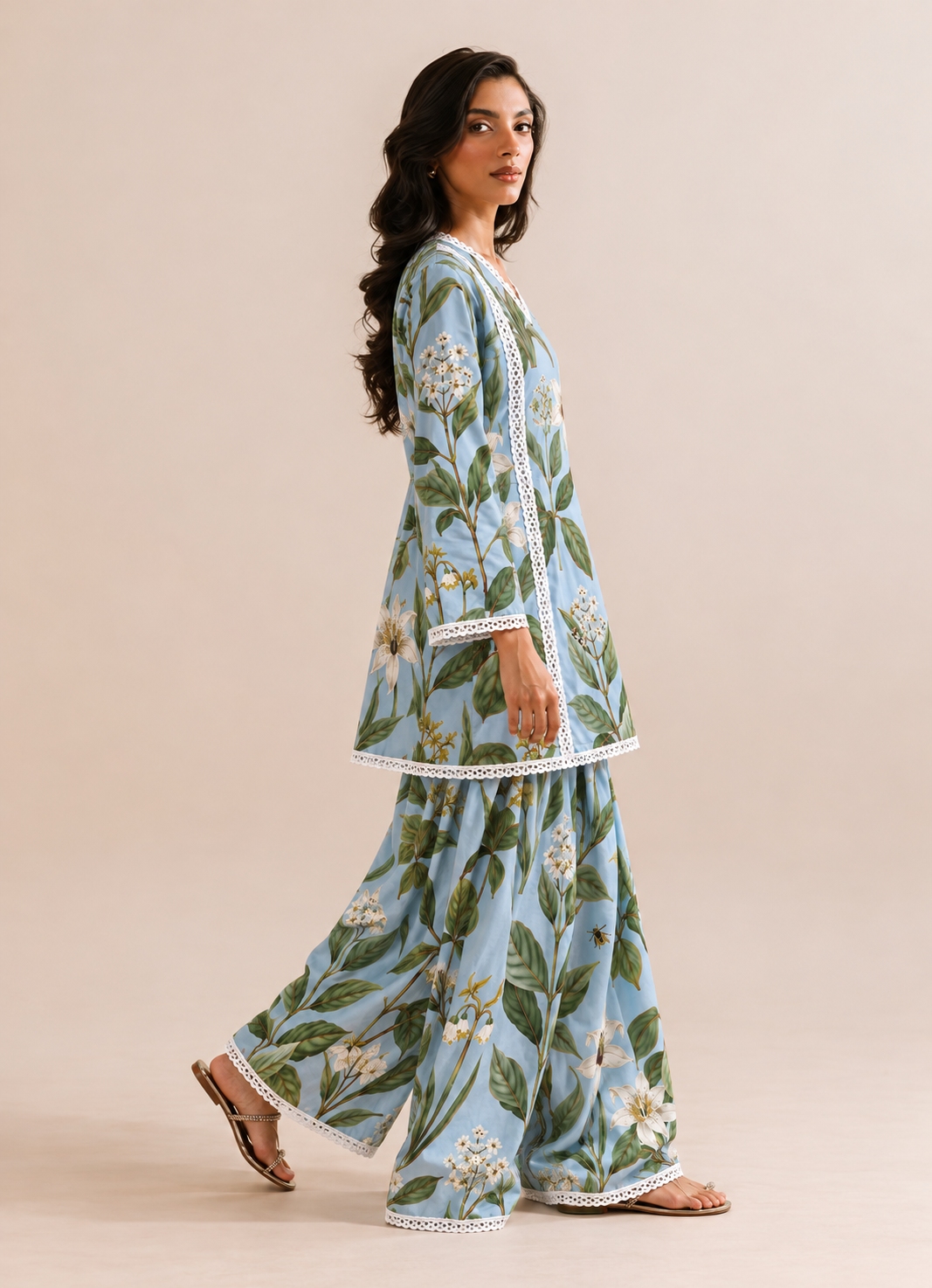 Sky Blue Floral Print Farshi Style V-Neck Tunic & Palazzo Co-Ord Set For Women
