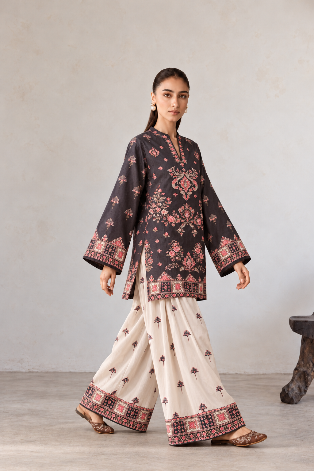 Midnight Black Printed V-Neck Kurta With Wide-Leg Farshi Salwar Co-Ord Set For Women