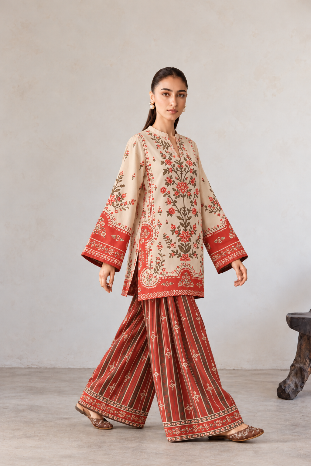 Red Tree Print V-Neck Suit With Striped Farshi Salwar Co-Ord Set For Women