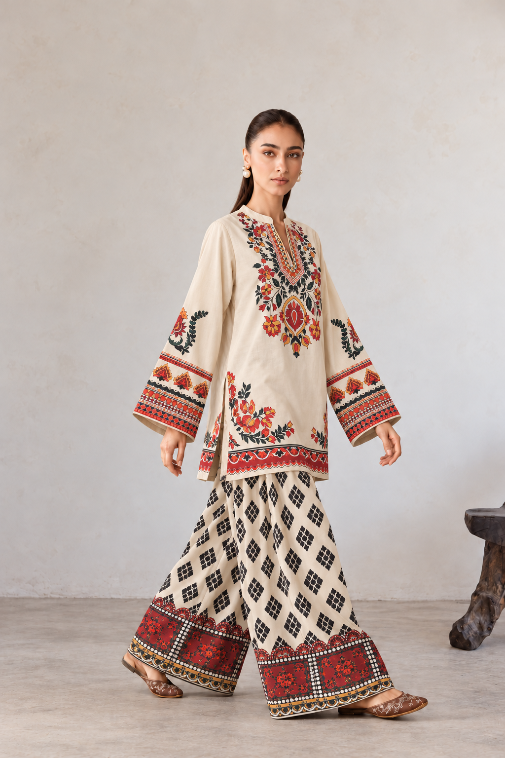 Cream & Rust Folk Floral Yoke Suit With Diamond Trellis Farshi Salwar Co-Ord Set For Women