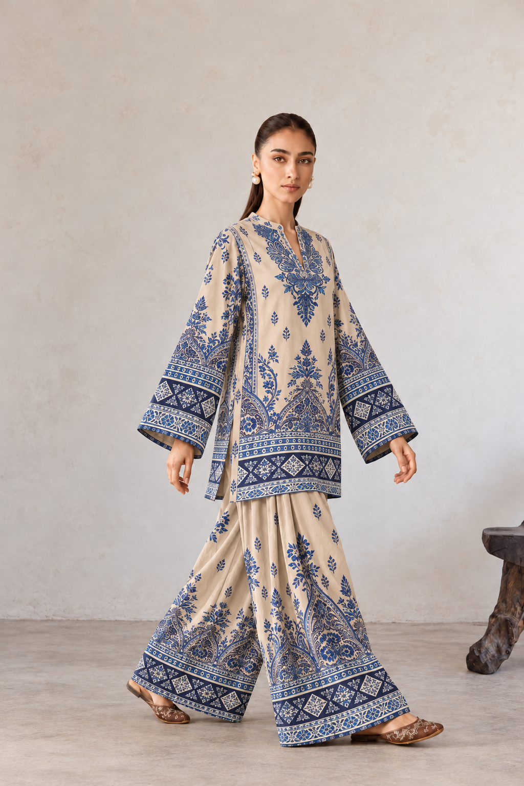Indigo Blue Medallion Arch Print V-Neck Kurta With Matching Farshi Palazzo Co-Ord Set