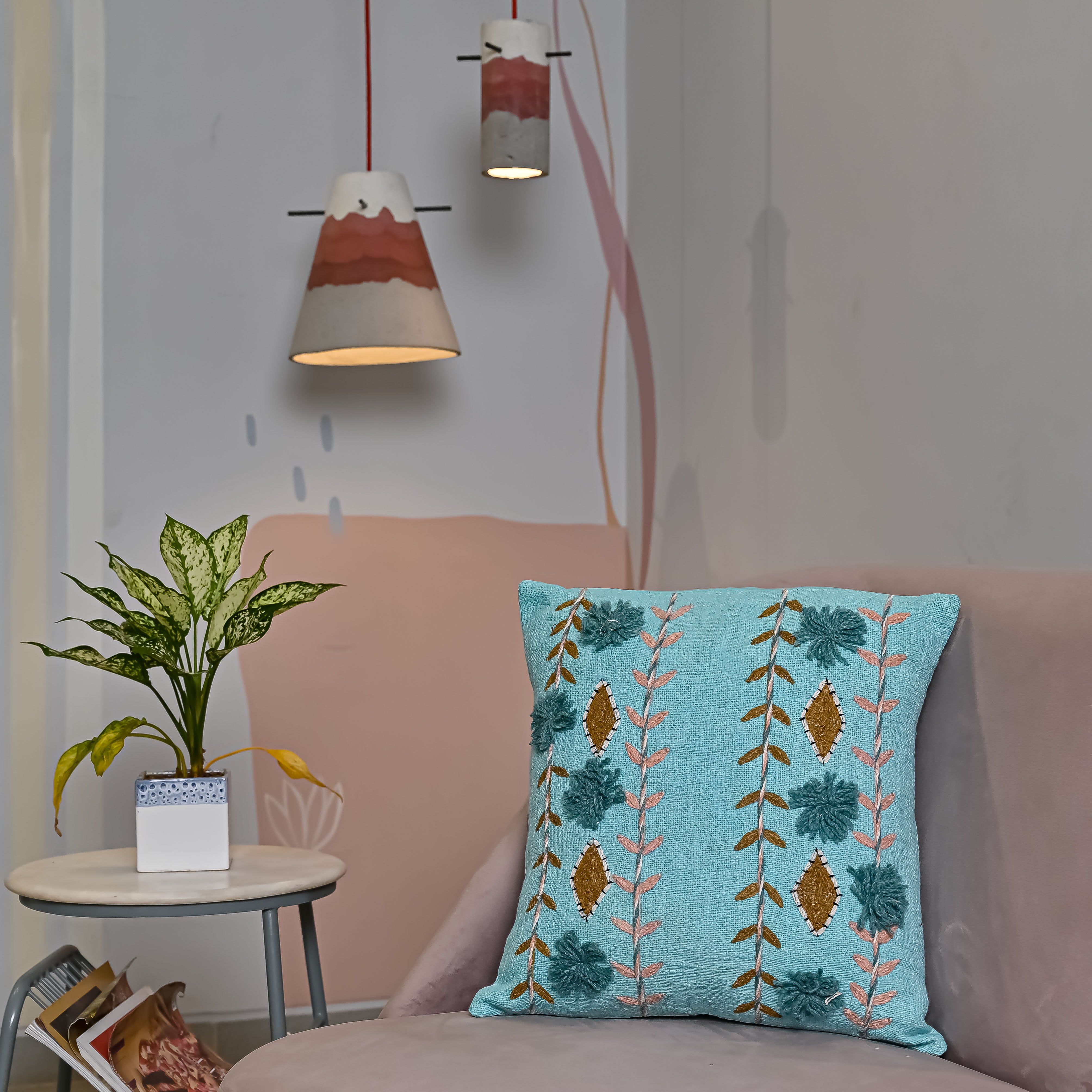 Turquoise Blue Embroidered Cotton Cushion Cover With Floral Motifs