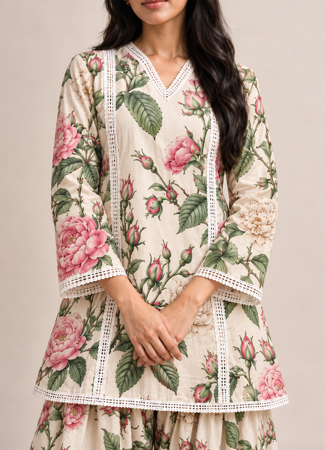 White Floral Print V-Neck Farshi Tunic & Palazzo Co-Ord Set For Women