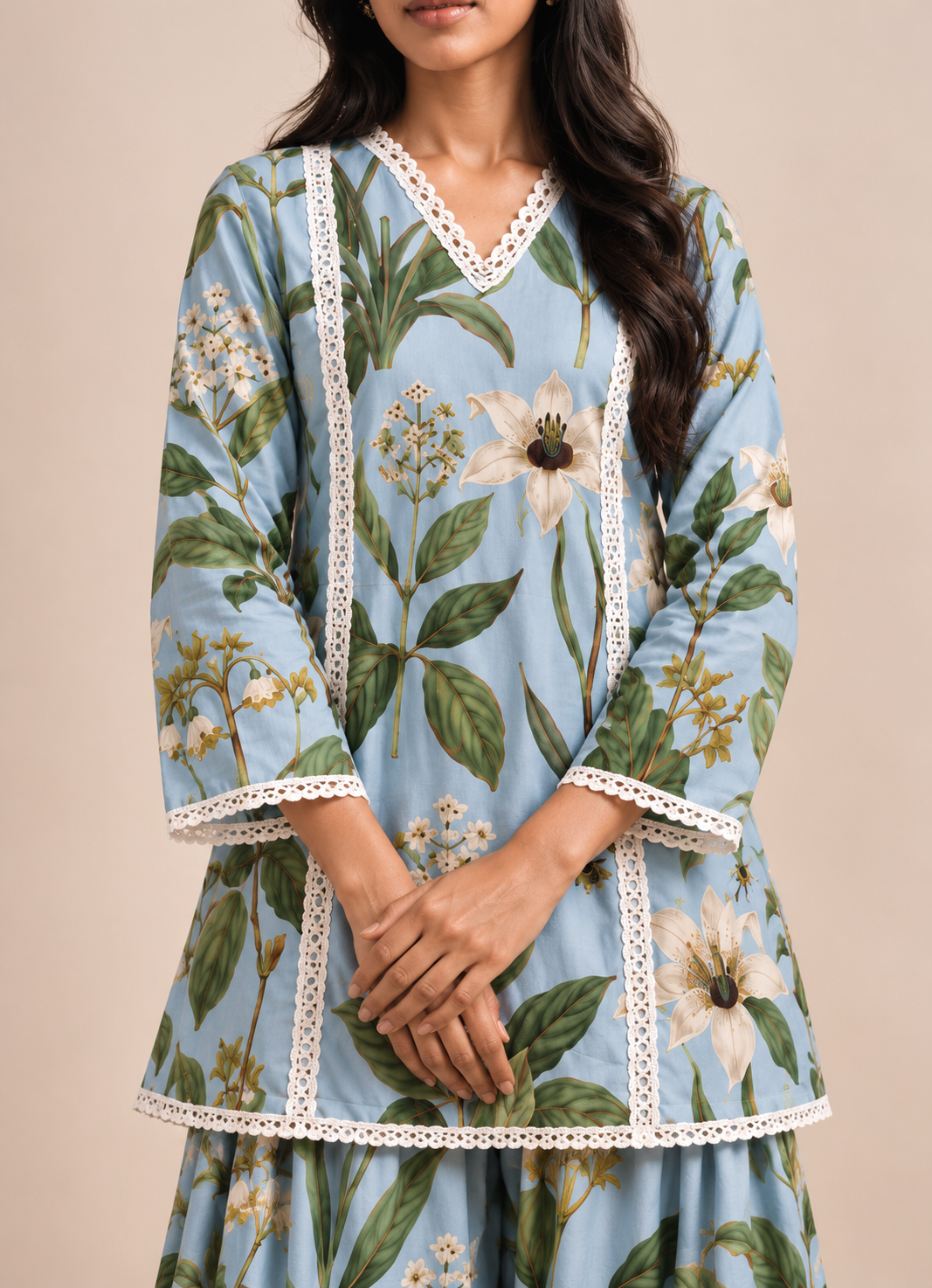 Sky Blue Floral Print Farshi Style V-Neck Tunic & Palazzo Co-Ord Set For Women