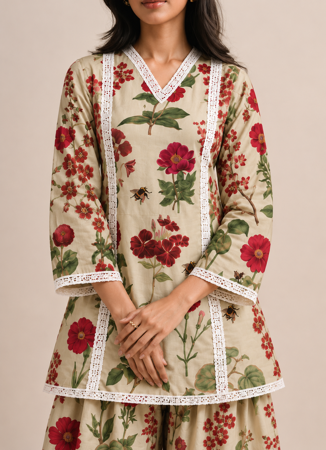 Beige Floral Print  V-Neck Farshi Co-Ord Set For Women