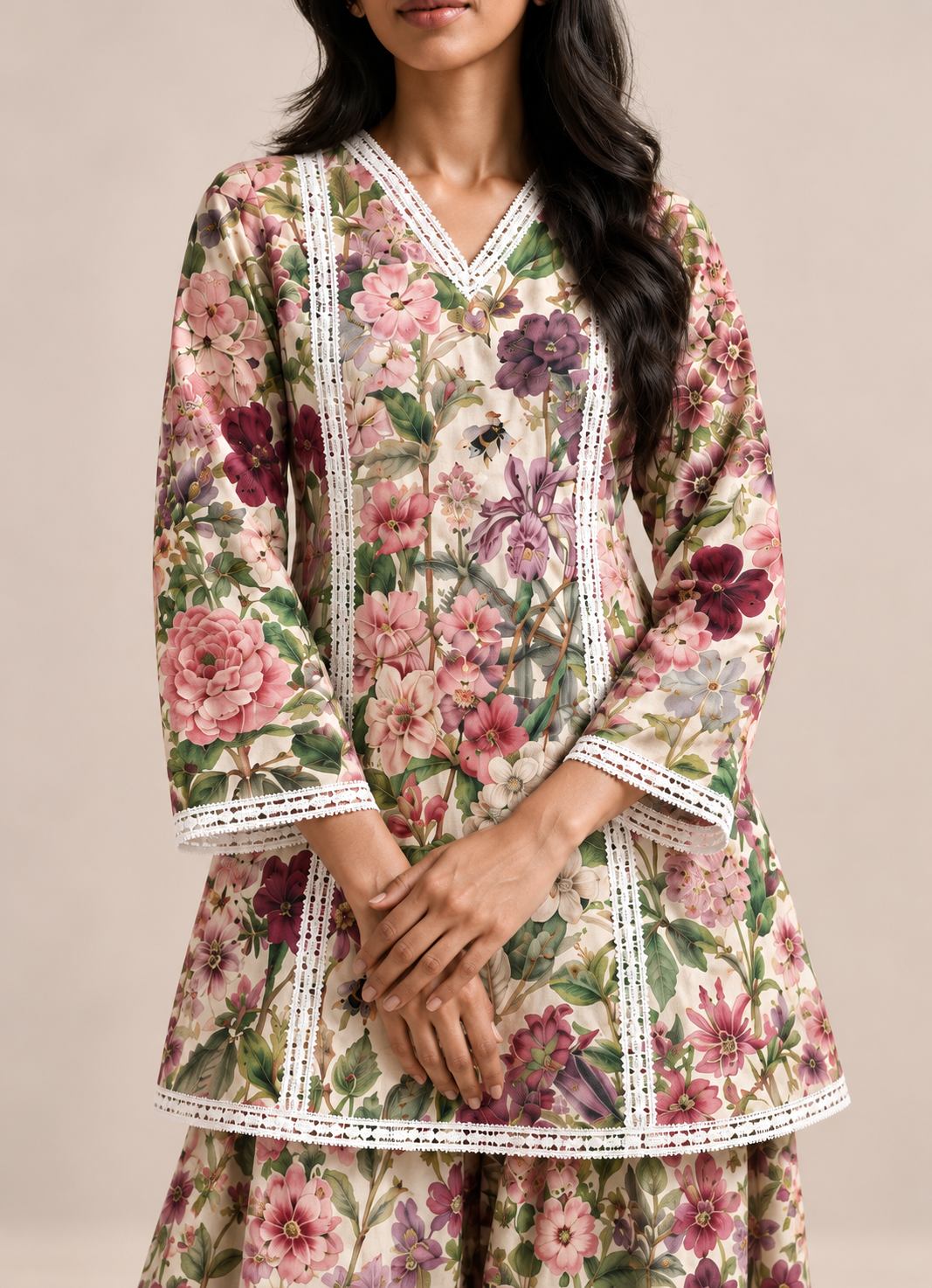 Off-White Multi-Floral Print Farshi Style V-Neck Tunic & Palazzo Co-Ord Set
