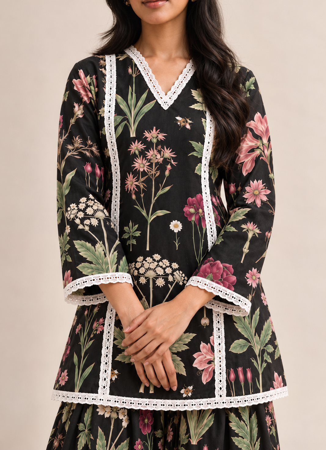 Black Floral Print Farshi Style V-Neck Tunic & Palazzo Co-Ord Set For Women