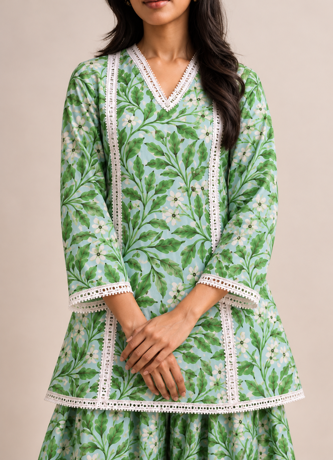 Mint Green Floral & Leaf Print Farshi Style V-Neck Tunic & Palazzo Co-Ord Set For Women