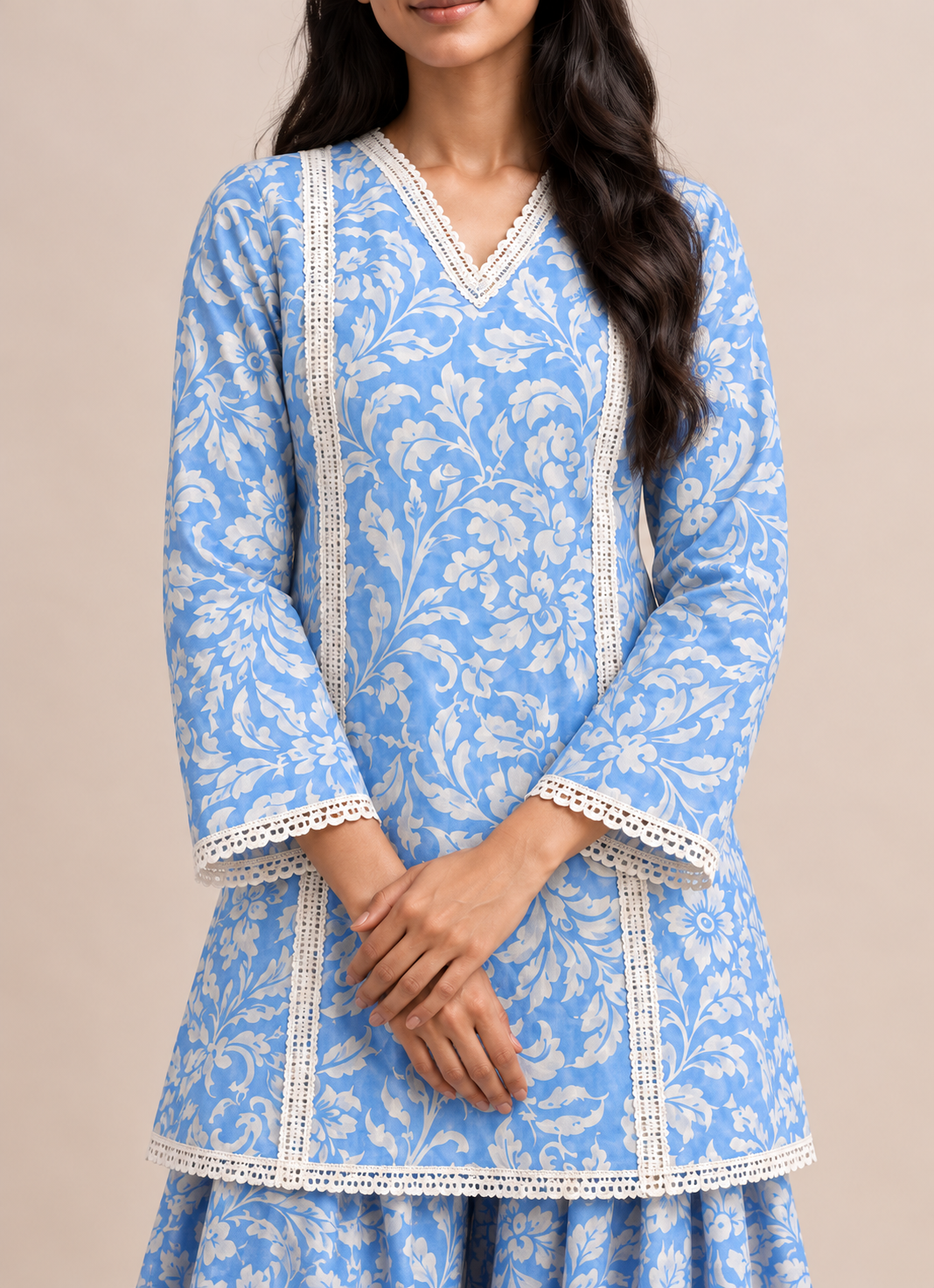 Powder Blue Floral Print  V-Neck Farshi Style Tunic & Palazzo Co-Ord Set For Women