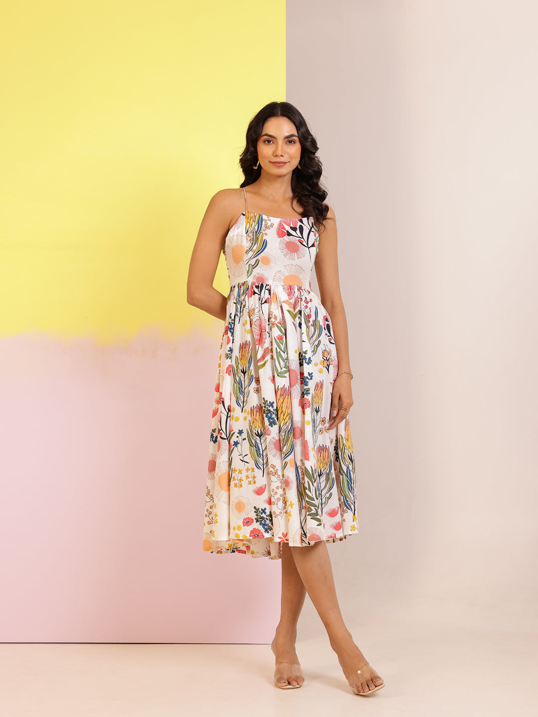 Off White Cotton Round Neck Printed Dress for Women